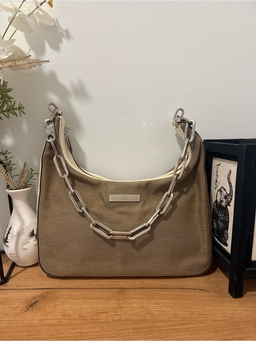 Vintage Gucci Shoulder Bag Canvas Chain-Detail in Taupe